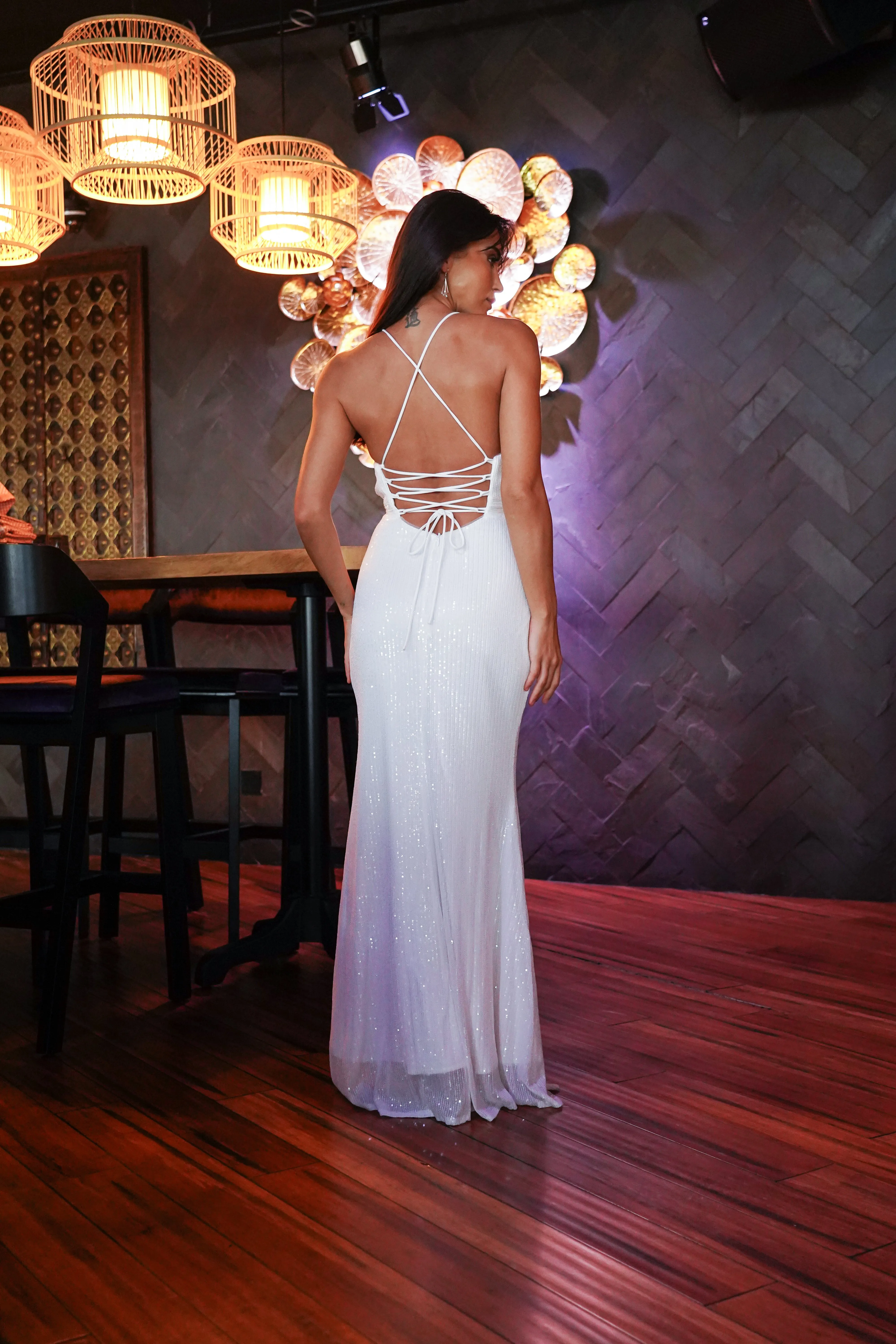 White Sequin Maxi Dress with Cutout and Back Straps