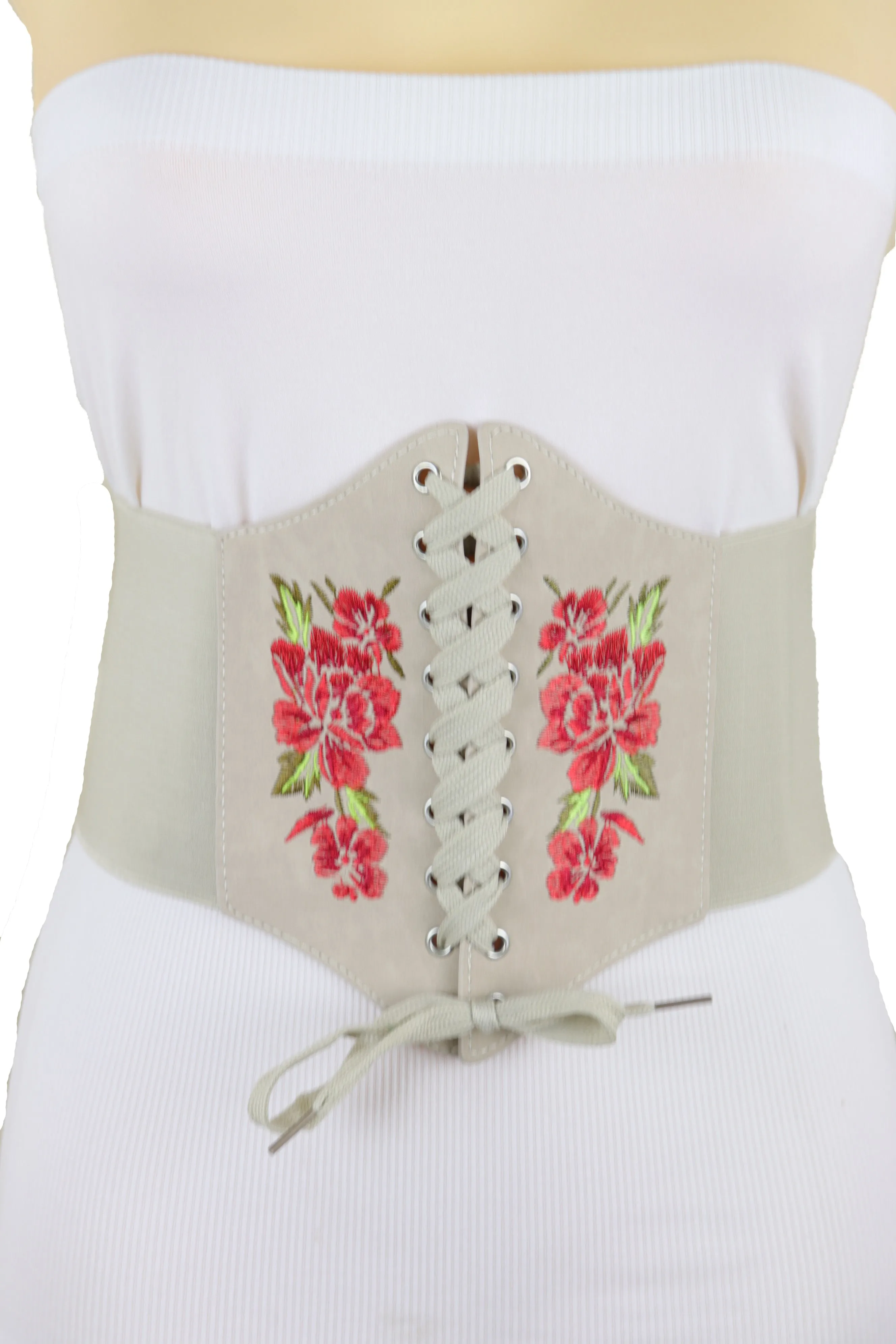 Wide Elastic Beige Corset High Waist Belt Flowers ize S M