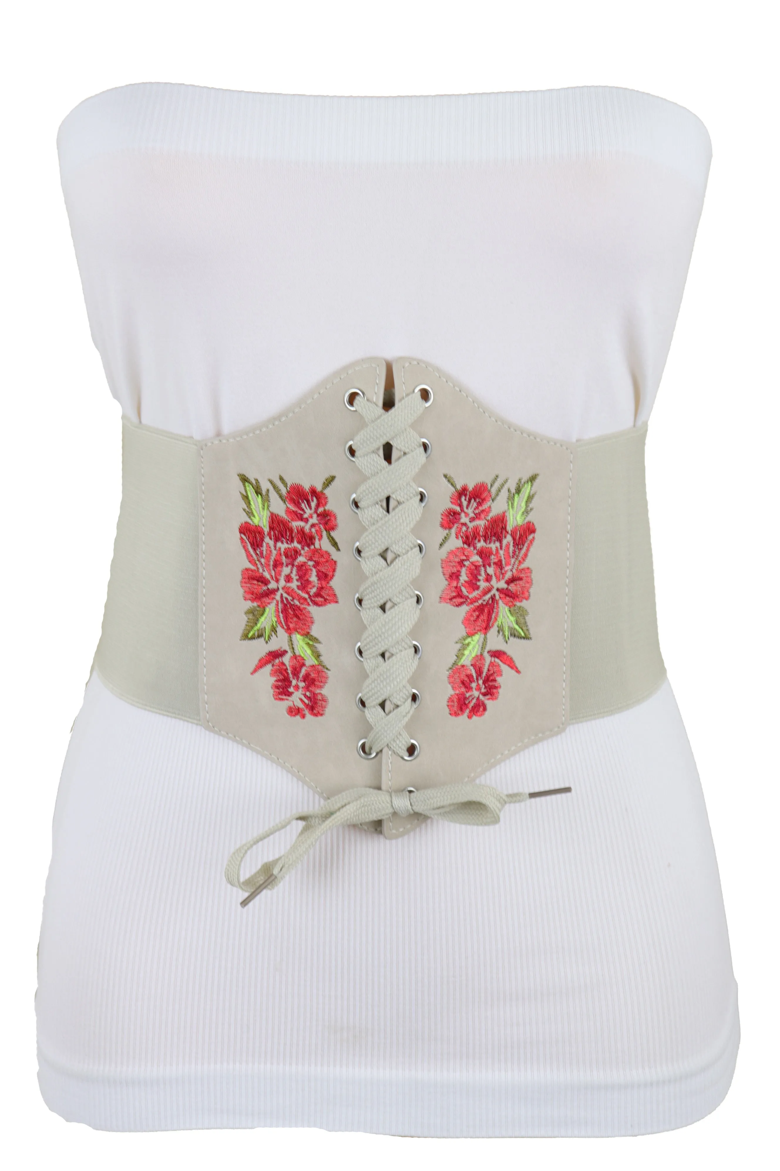 Wide Elastic Beige Corset High Waist Belt Flowers ize S M