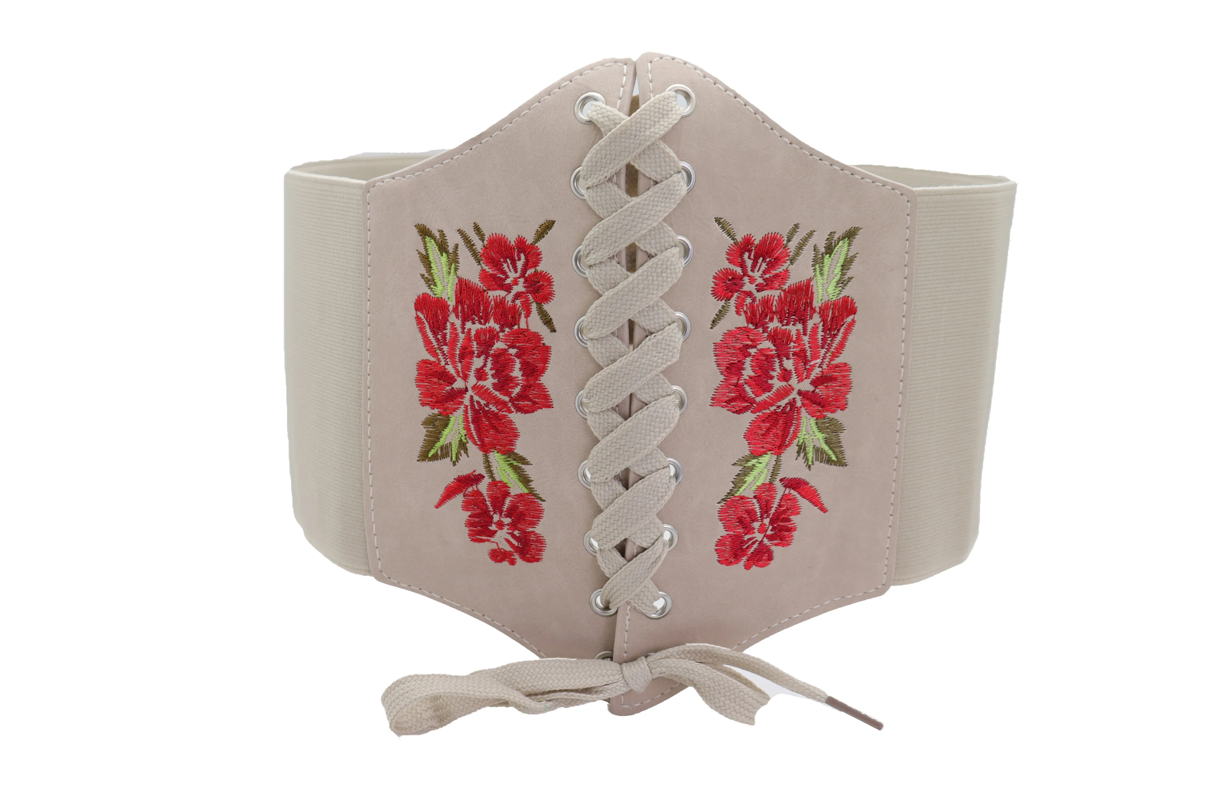 Wide Elastic Beige Corset High Waist Belt Flowers ize S M