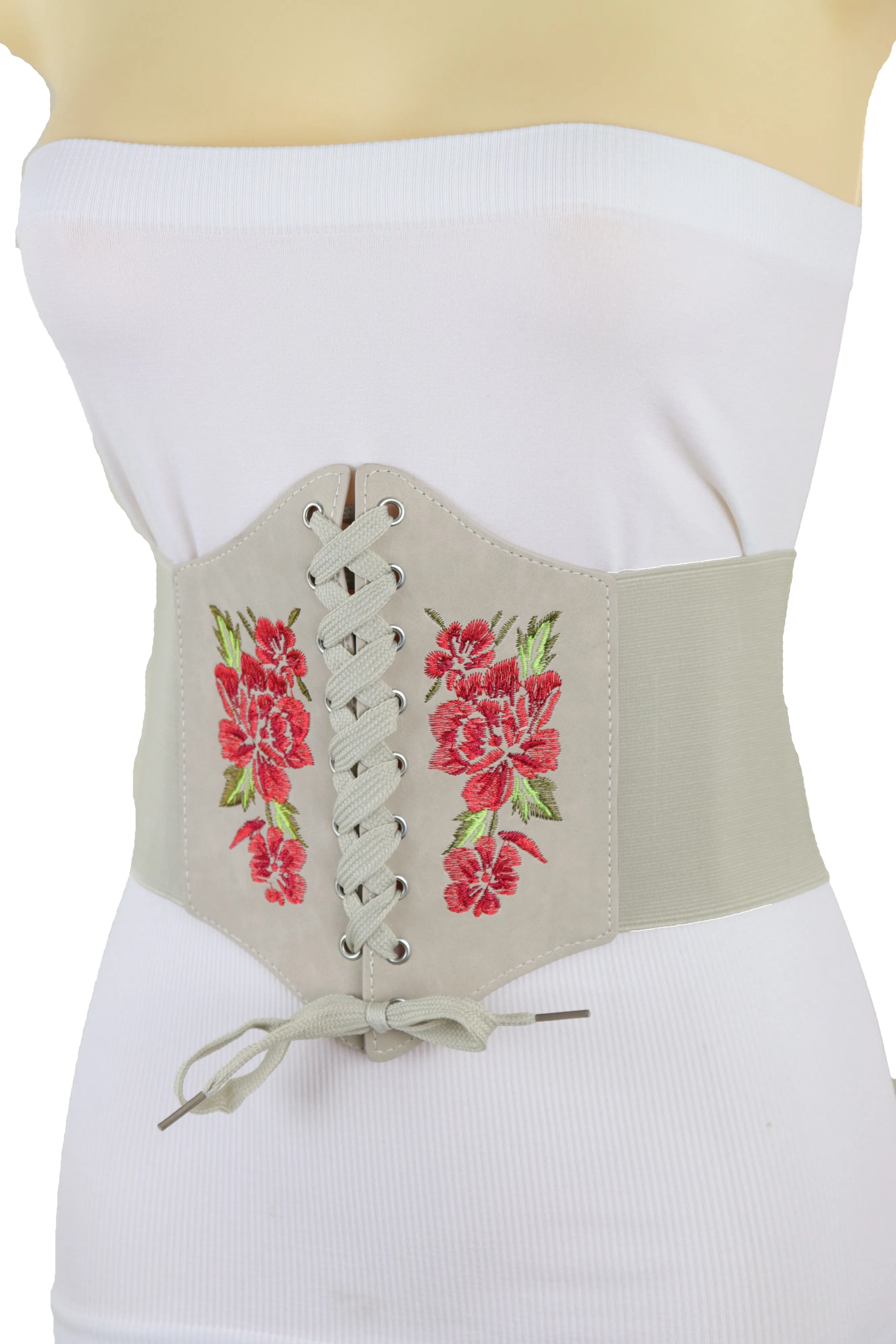 Wide Elastic Beige Corset High Waist Belt Flowers ize S M