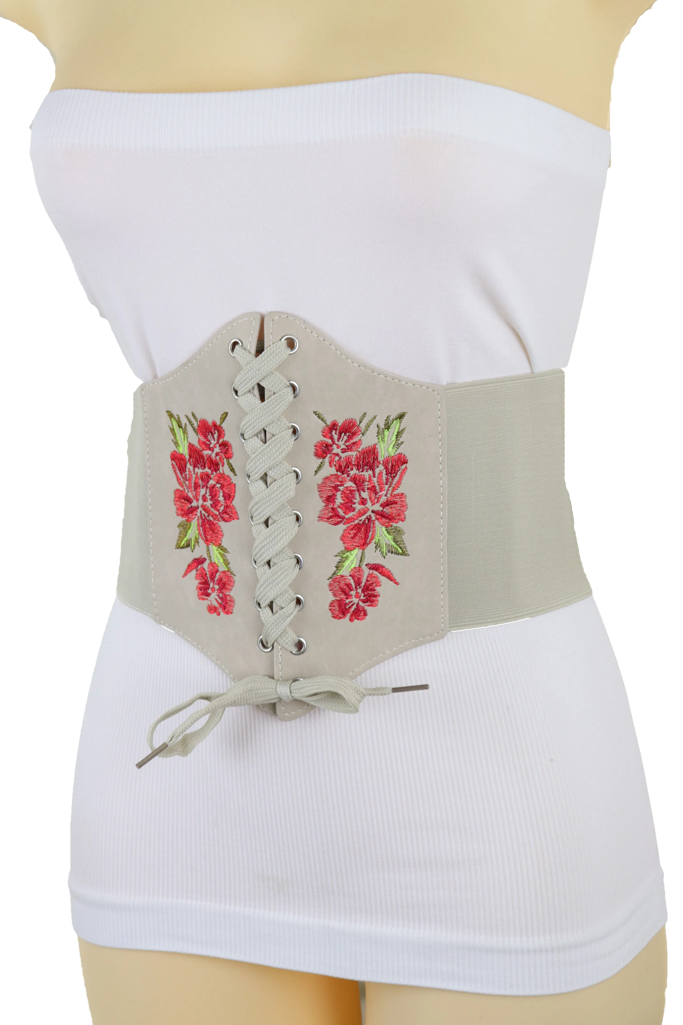 Wide Elastic Beige Corset High Waist Belt Flowers ize S M
