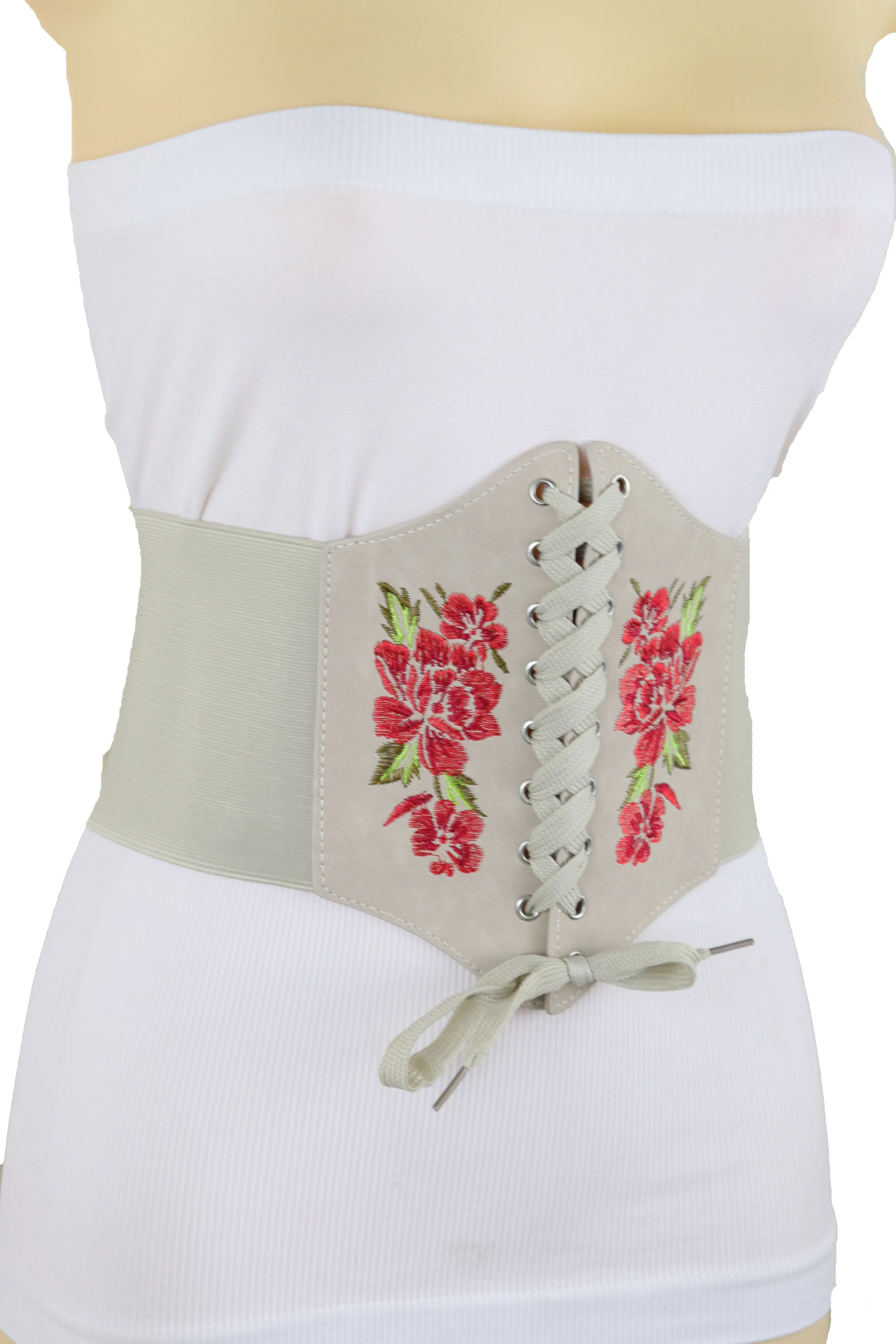 Wide Elastic Beige Corset High Waist Belt Flowers ize S M