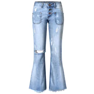 Wide Leg Women's Ripped Jeans Low Waisted Flare Bell Bottom Jeans