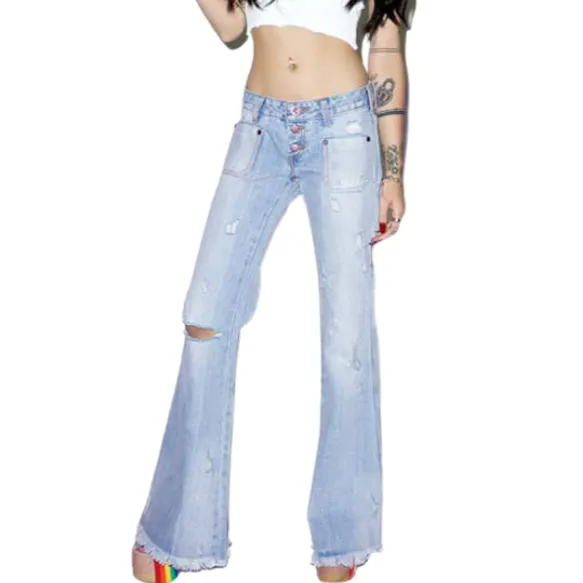 Wide Leg Women's Ripped Jeans Low Waisted Flare Bell Bottom Jeans