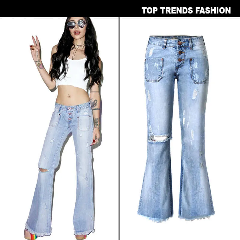 Wide Leg Women's Ripped Jeans Low Waisted Flare Bell Bottom Jeans