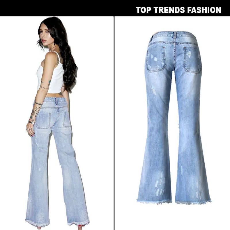 Wide Leg Women's Ripped Jeans Low Waisted Flare Bell Bottom Jeans