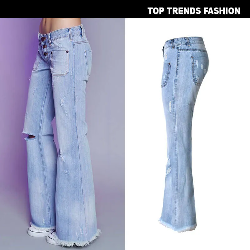 Wide Leg Women's Ripped Jeans Low Waisted Flare Bell Bottom Jeans