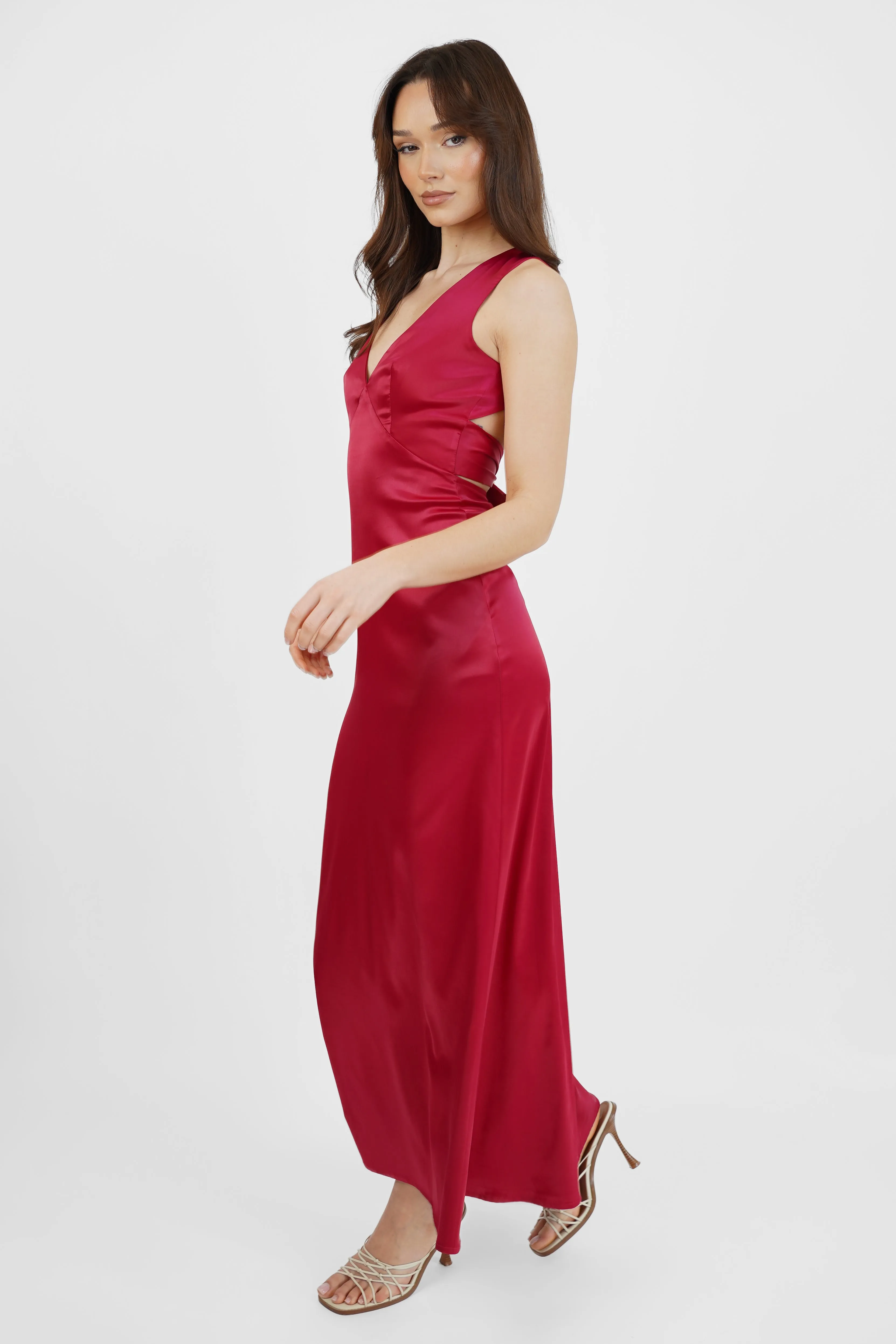 Wine Satin Maxi Dress with Back Bow