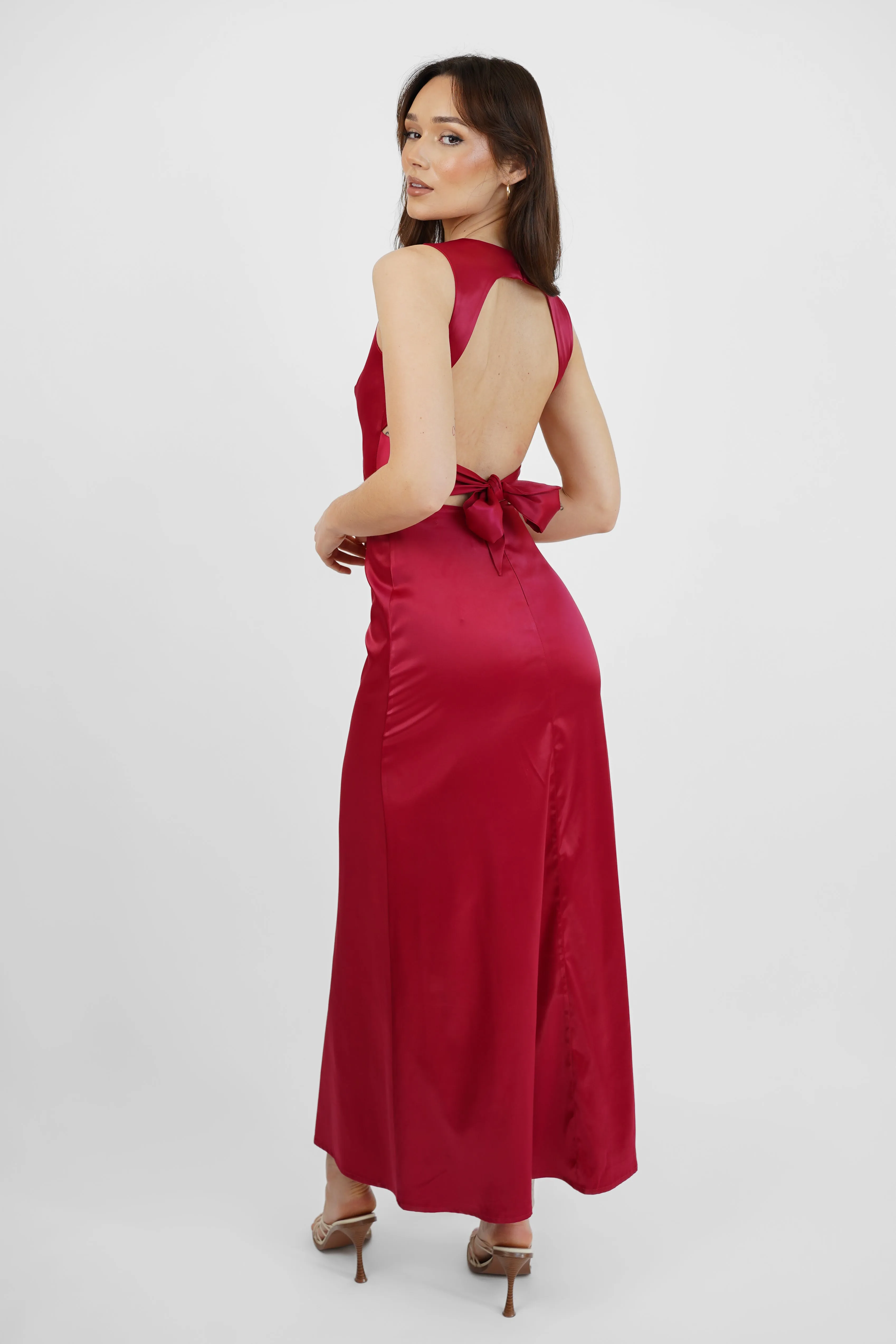 Wine Satin Maxi Dress with Back Bow