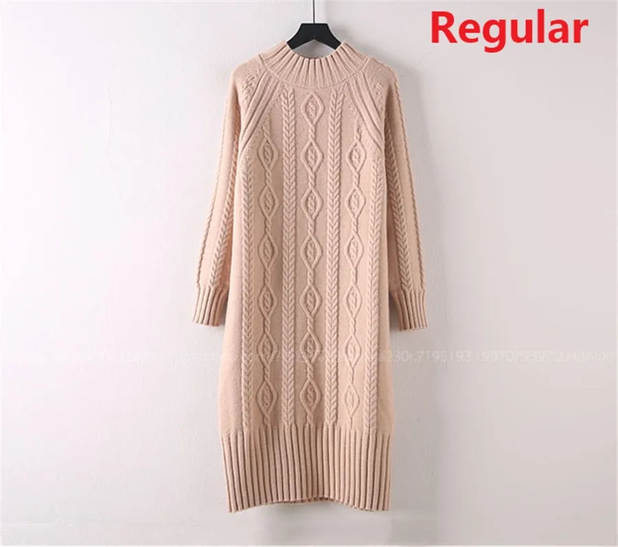 Winter Thicken Plus Velvet Sweater Dress Women's Fall Mock Neck Rib Knit Bottoming Dresses Elegant Warm Vestido Midi With Coats