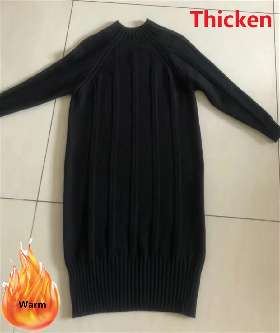 Winter Thicken Plus Velvet Sweater Dress Women's Fall Mock Neck Rib Knit Bottoming Dresses Elegant Warm Vestido Midi With Coats