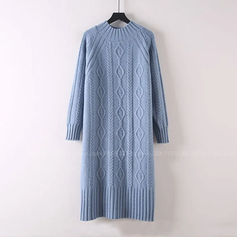 Winter Thicken Plus Velvet Sweater Dress Women's Fall Mock Neck Rib Knit Bottoming Dresses Elegant Warm Vestido Midi With Coats