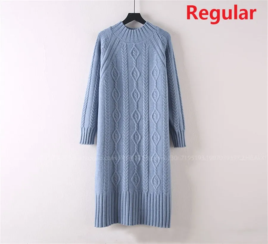 Winter Thicken Plus Velvet Sweater Dress Women's Fall Mock Neck Rib Knit Bottoming Dresses Elegant Warm Vestido Midi With Coats