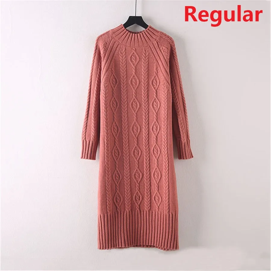 Winter Thicken Plus Velvet Sweater Dress Women's Fall Mock Neck Rib Knit Bottoming Dresses Elegant Warm Vestido Midi With Coats