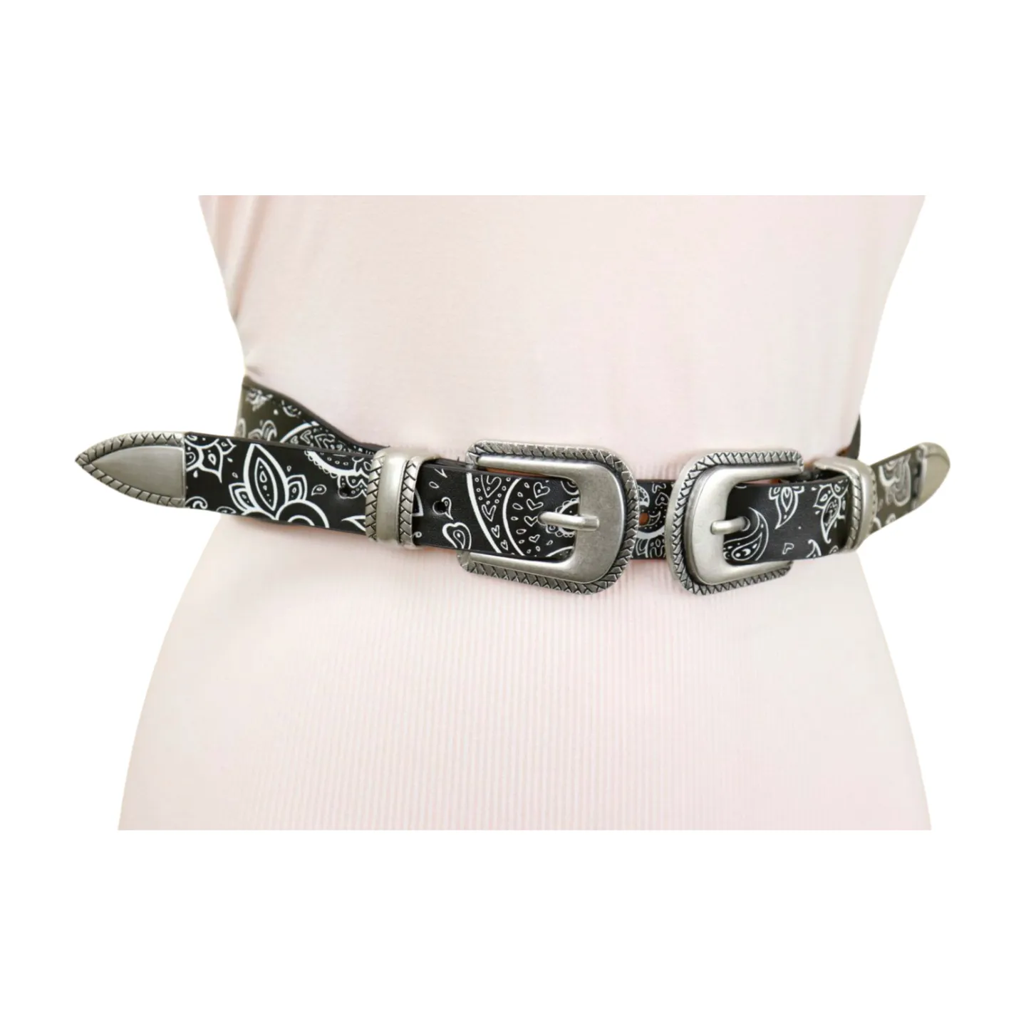 Women Black Elastic Paisley Print Belt Double Western Buckle S M