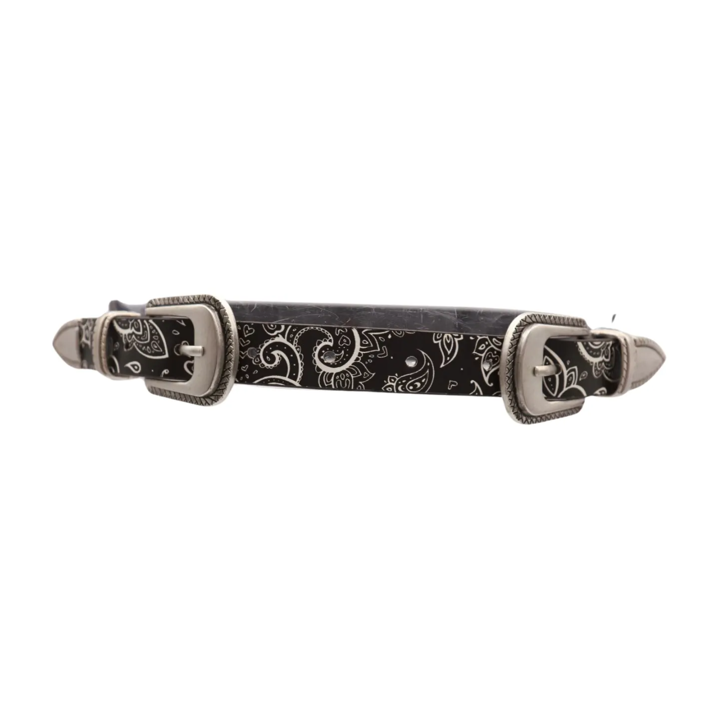 Women Black Elastic Paisley Print Belt Double Western Buckle S M