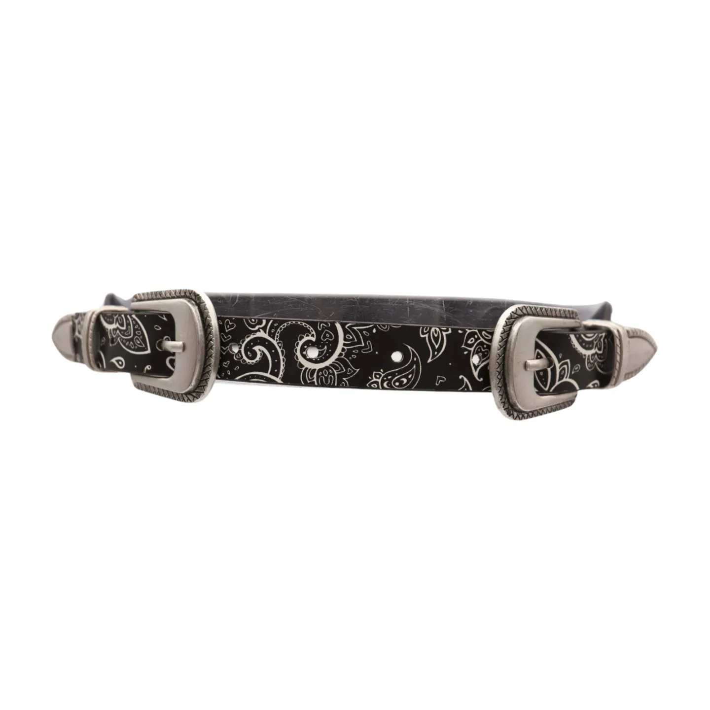 Women Black Elastic Paisley Print Belt Double Western Buckle S M