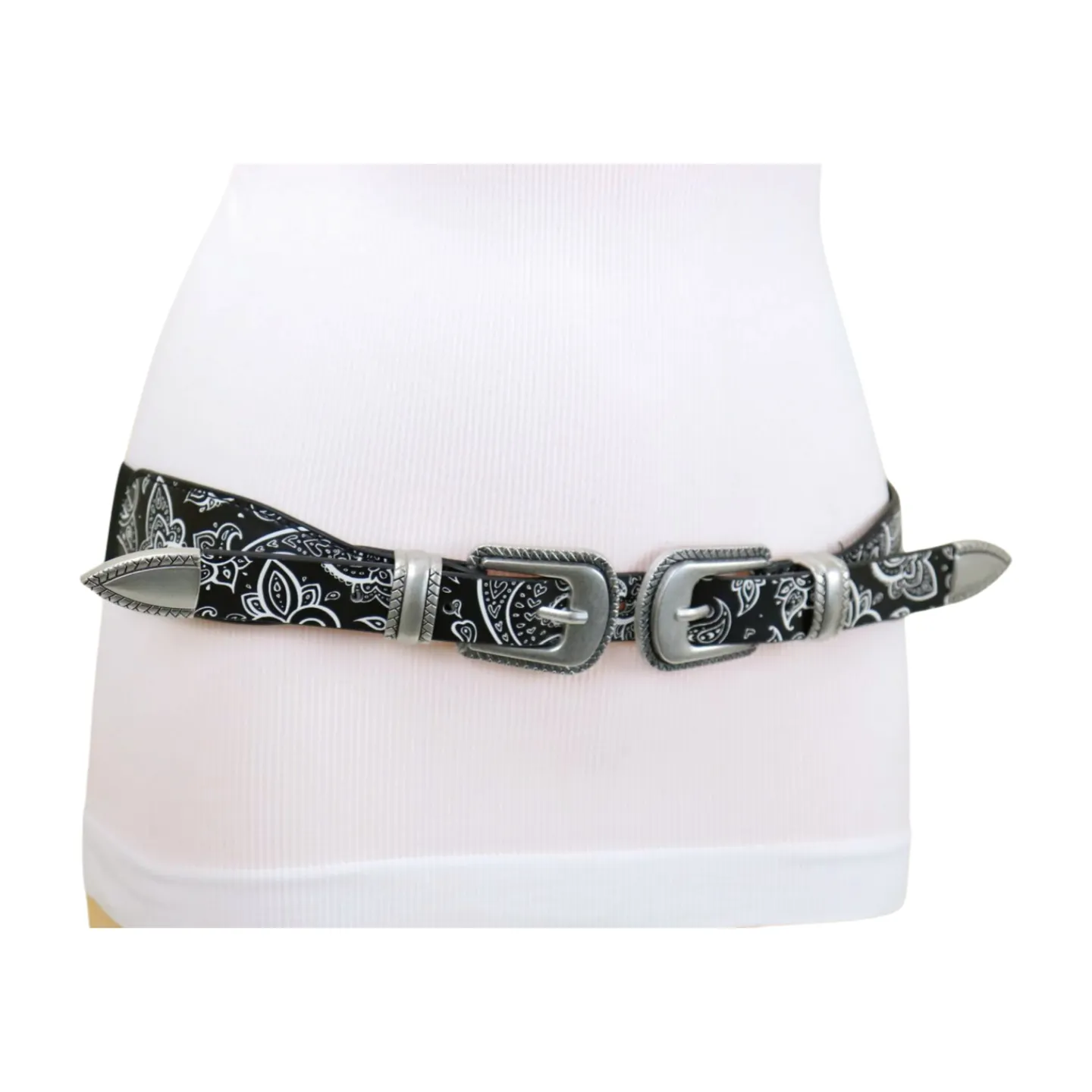 Women Black Elastic Paisley Print Belt Double Western Buckle S M