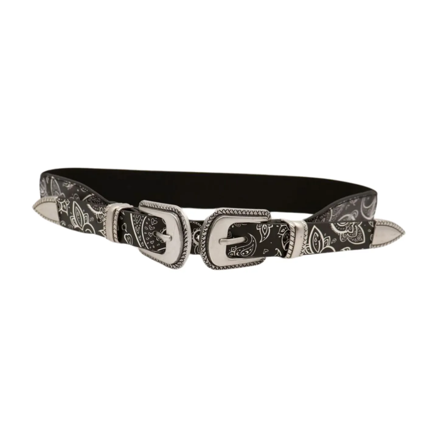 Women Black Elastic Paisley Print Belt Double Western Buckle S M
