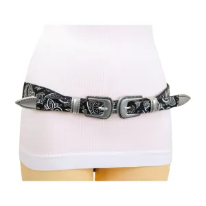 Women Black Elastic Paisley Print Belt Double Western Buckle S M
