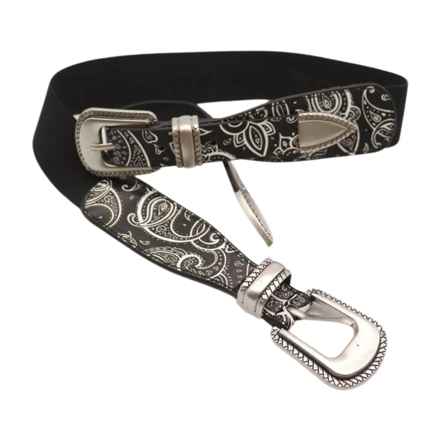 Women Black Elastic Paisley Print Belt Double Western Buckle S M