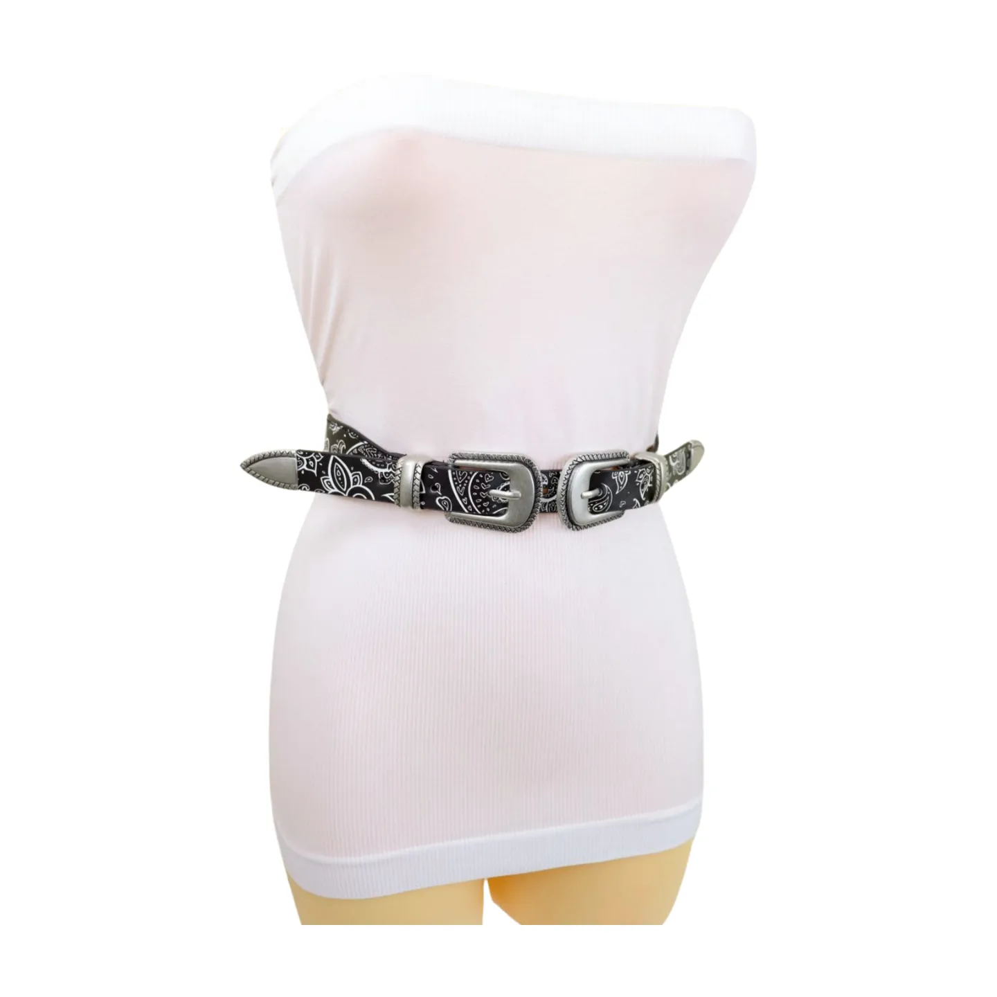 Women Black Elastic Paisley Print Belt Double Western Buckle S M
