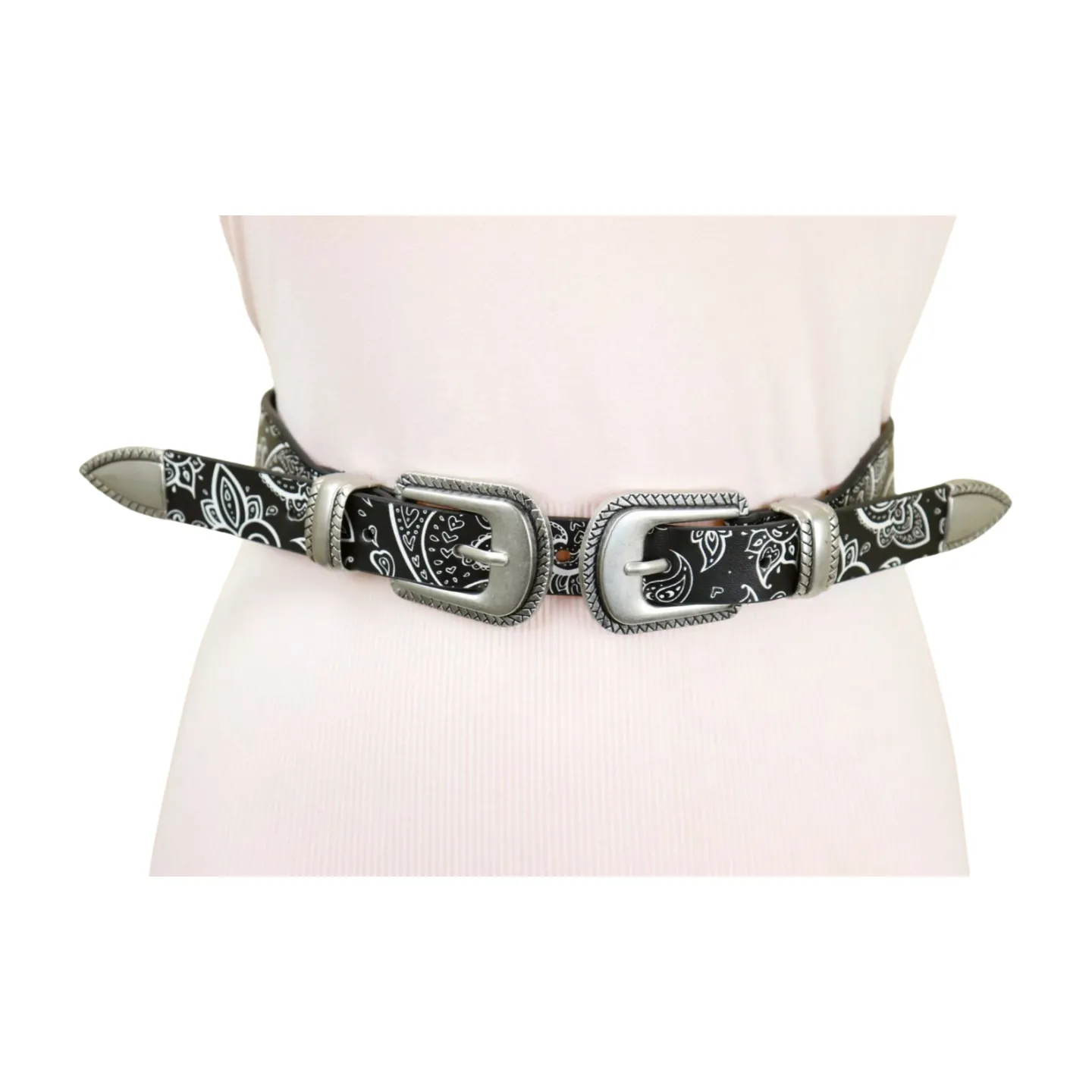 Women Black Elastic Paisley Print Belt Double Western Buckle S M