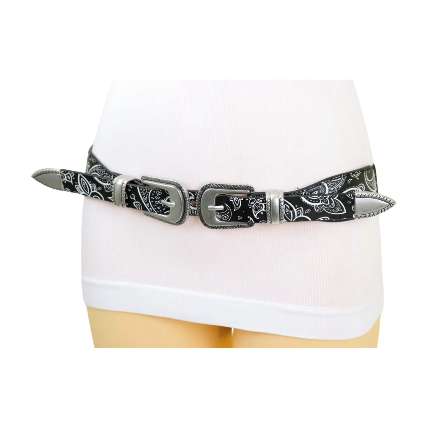 Women Black Elastic Paisley Print Belt Double Western Buckle S M