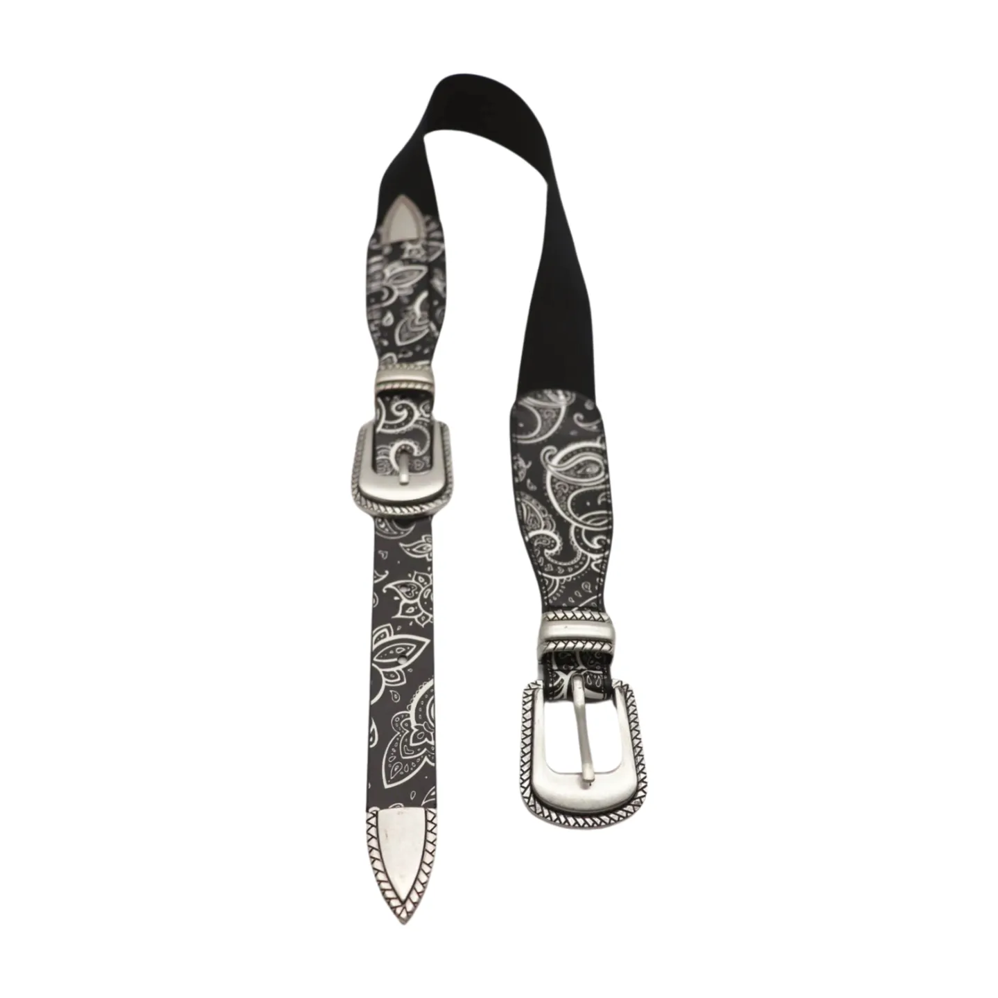 Women Black Elastic Paisley Print Belt Double Western Buckle S M