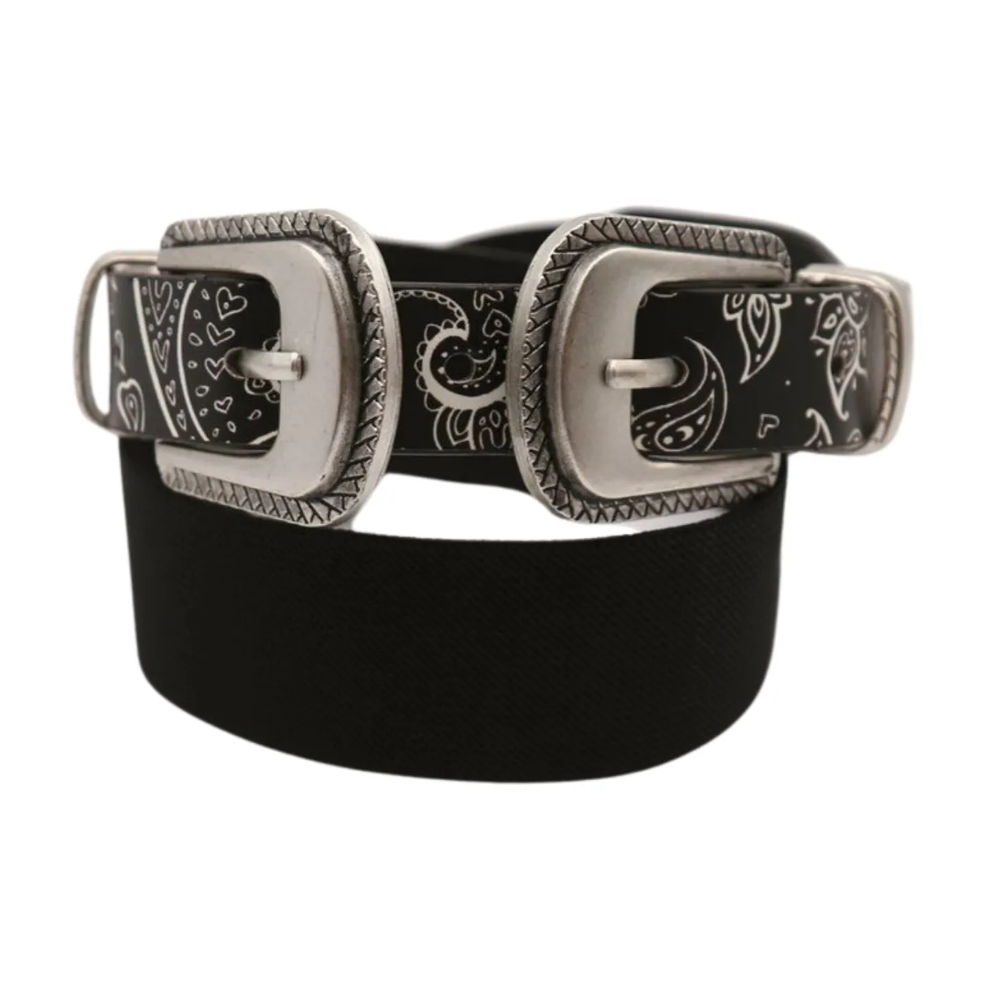 Women Black Elastic Paisley Print Belt Double Western Buckle S M