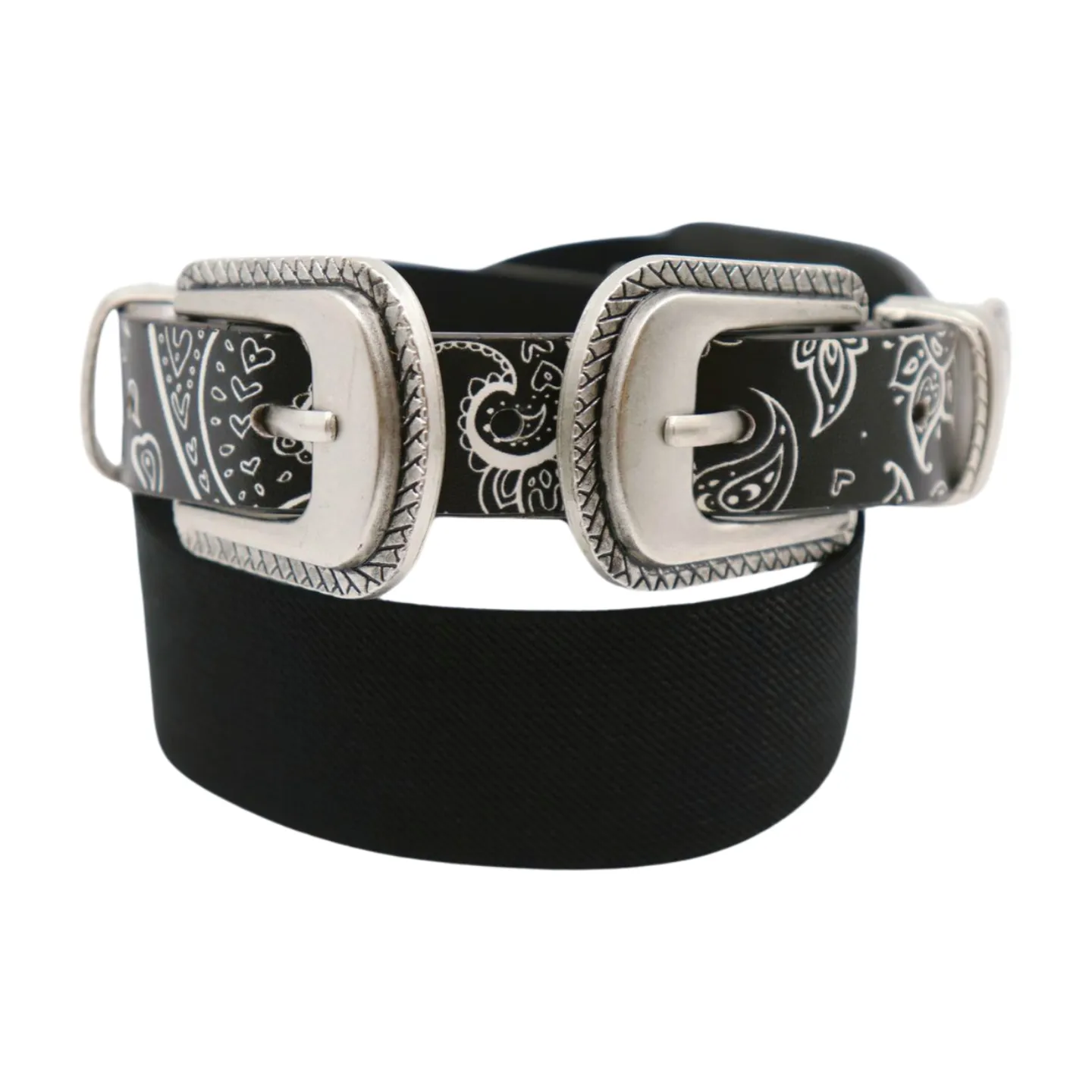 Women Black Elastic Paisley Print Belt Double Western Buckle S M