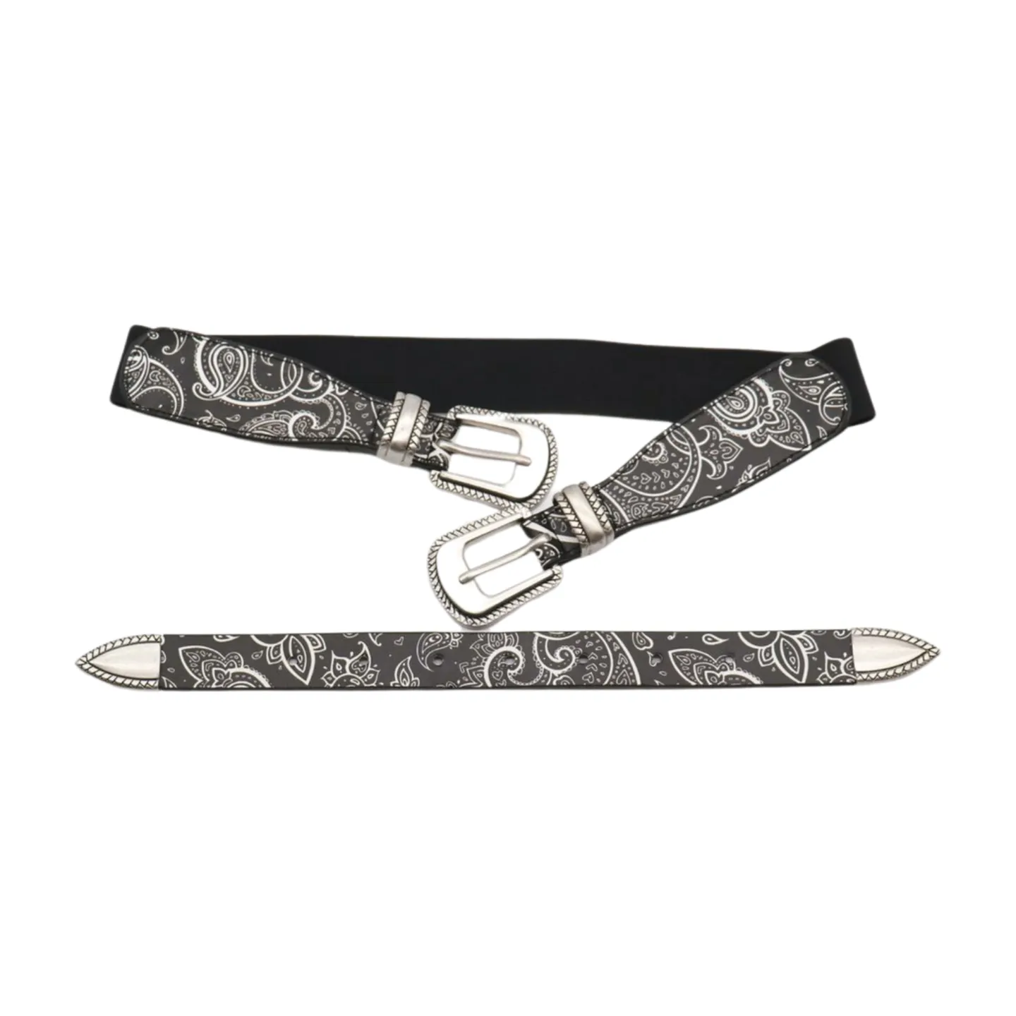 Women Black Elastic Paisley Print Belt Double Western Buckle S M