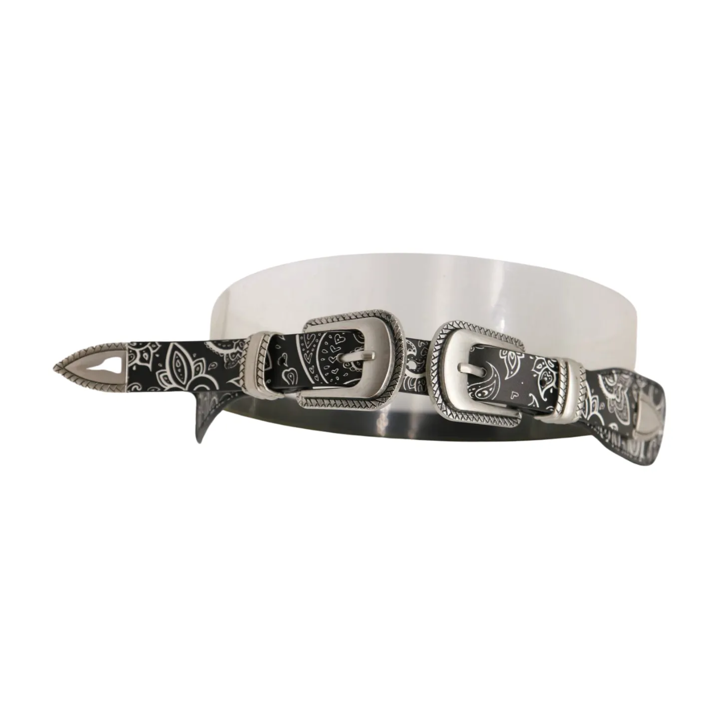 Women Black Elastic Paisley Print Belt Double Western Buckle S M