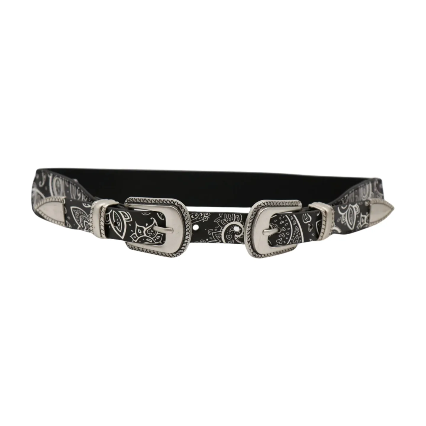 Women Black Elastic Paisley Print Belt Double Western Buckle S M