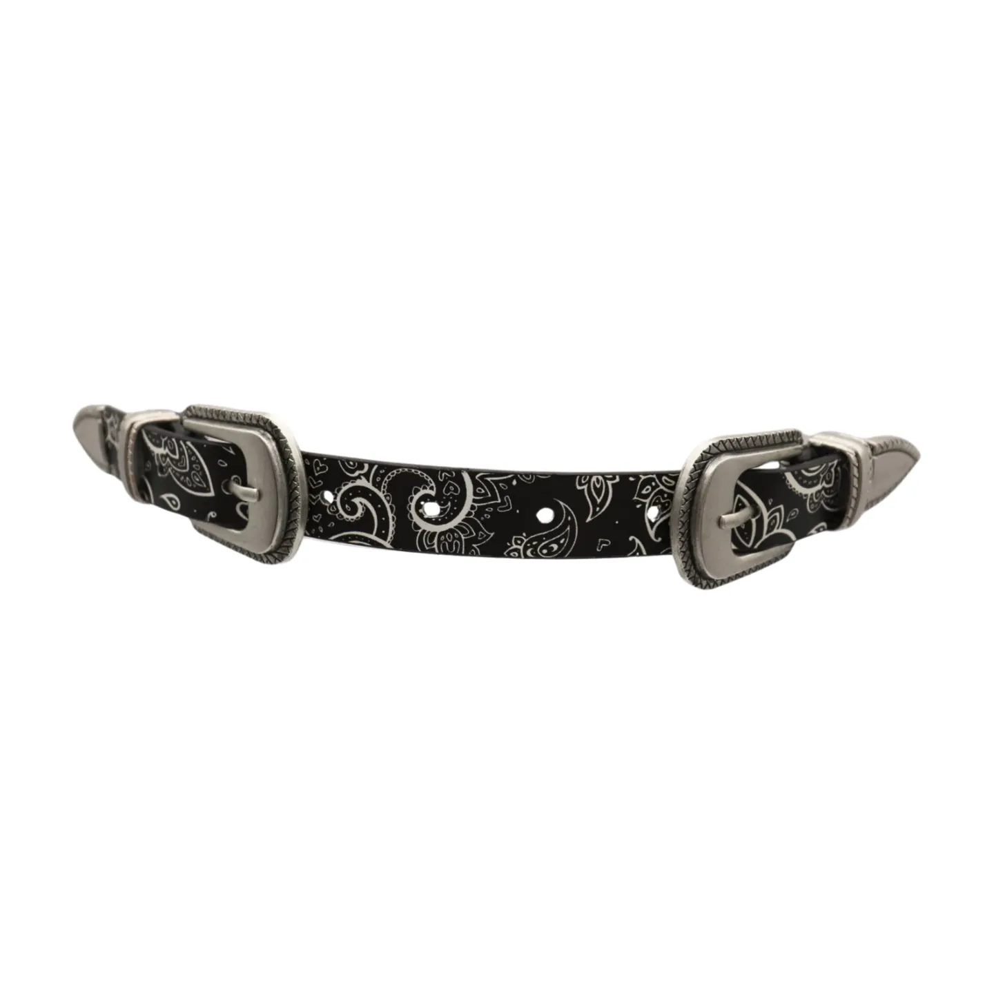 Women Black Elastic Paisley Print Belt Double Western Buckle S M