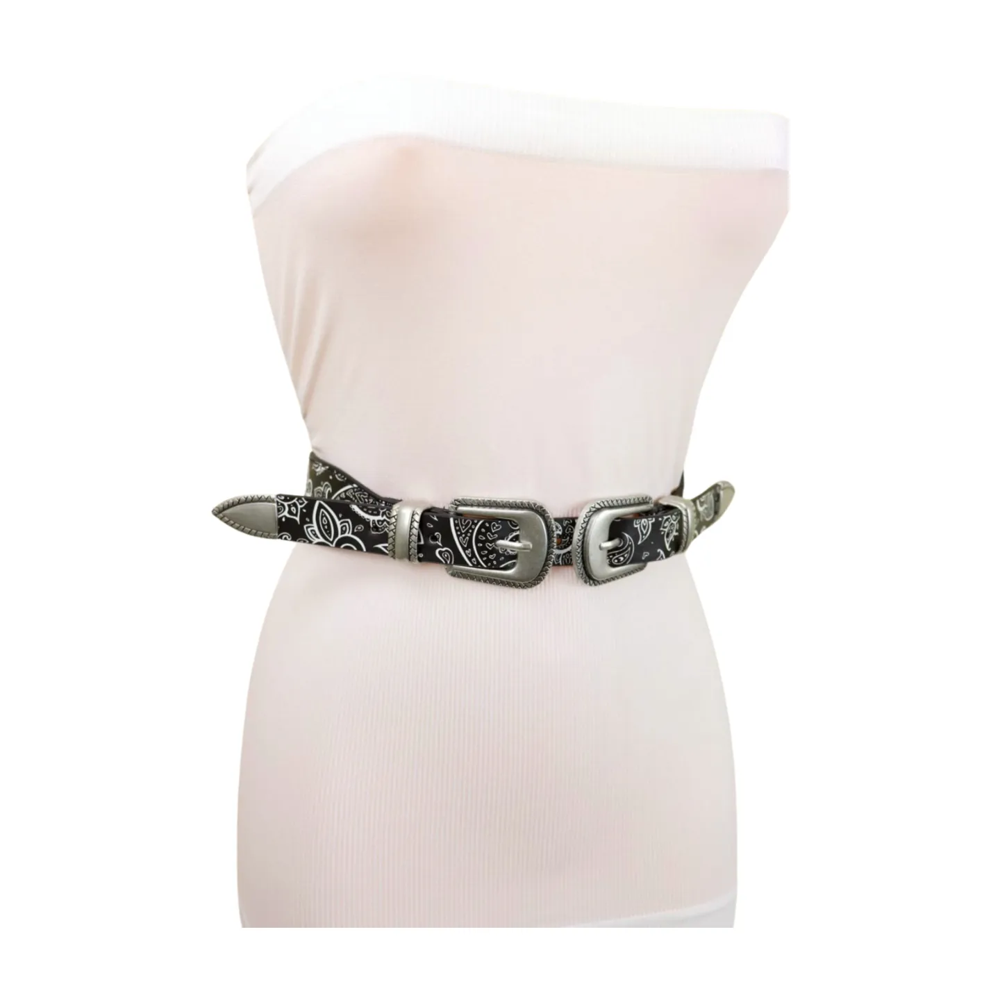 Women Black Elastic Paisley Print Belt Double Western Buckle S M