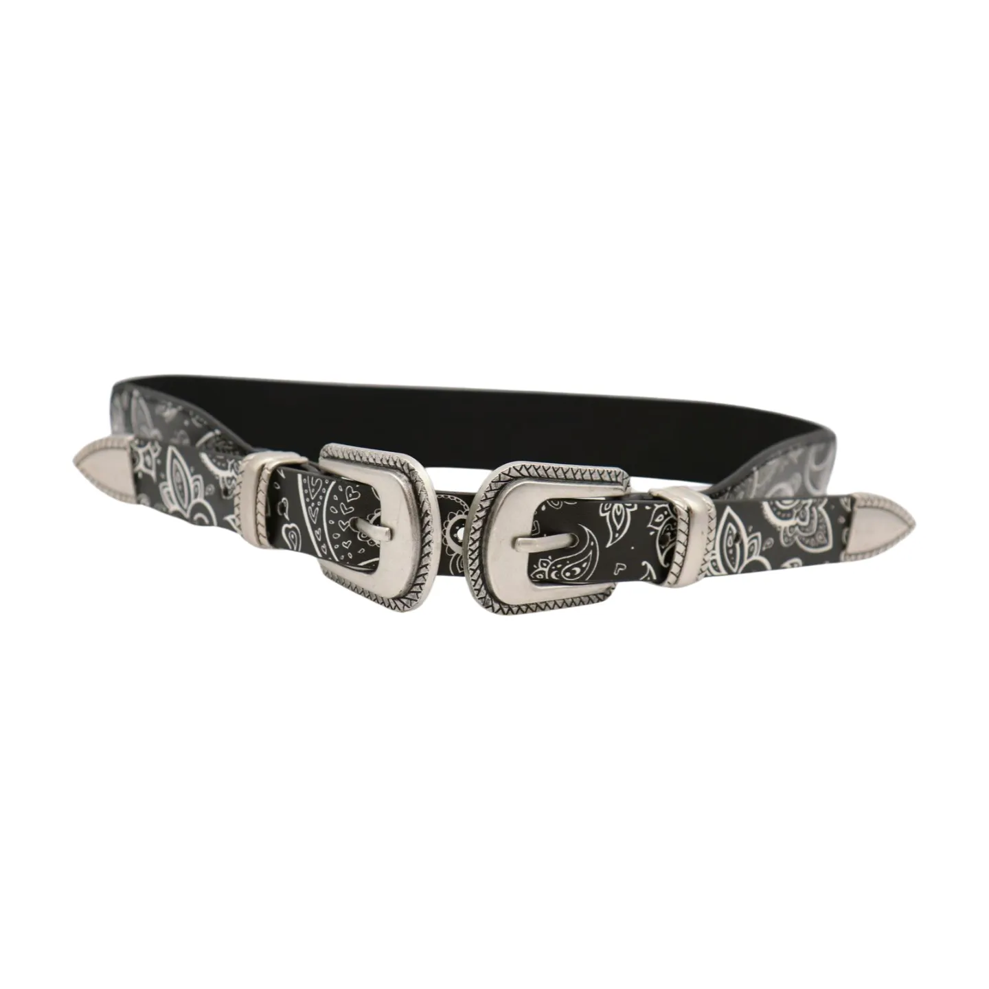 Women Black Elastic Paisley Print Belt Double Western Buckle S M