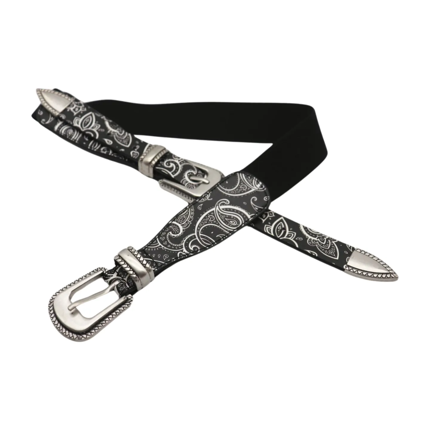 Women Black Elastic Paisley Print Belt Double Western Buckle S M