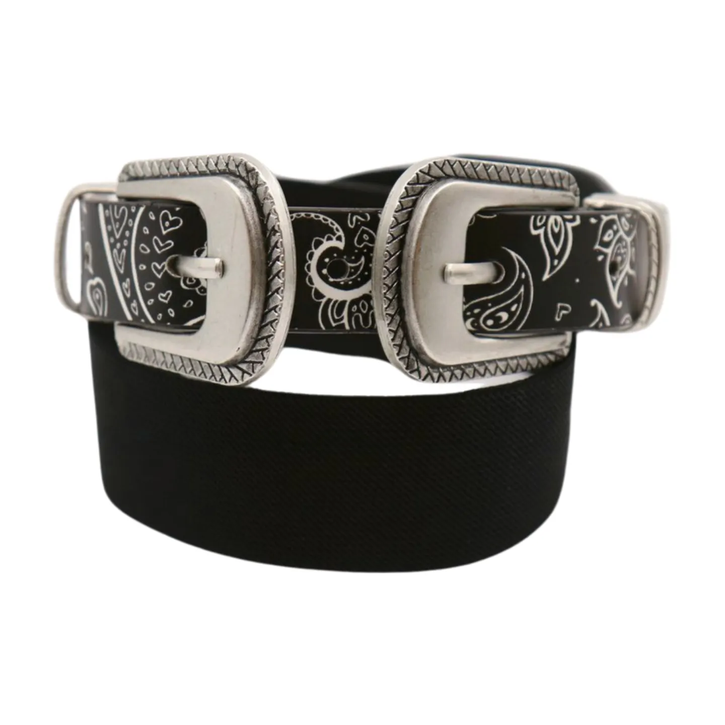 Women Black Elastic Paisley Print Belt Double Western Buckle S M