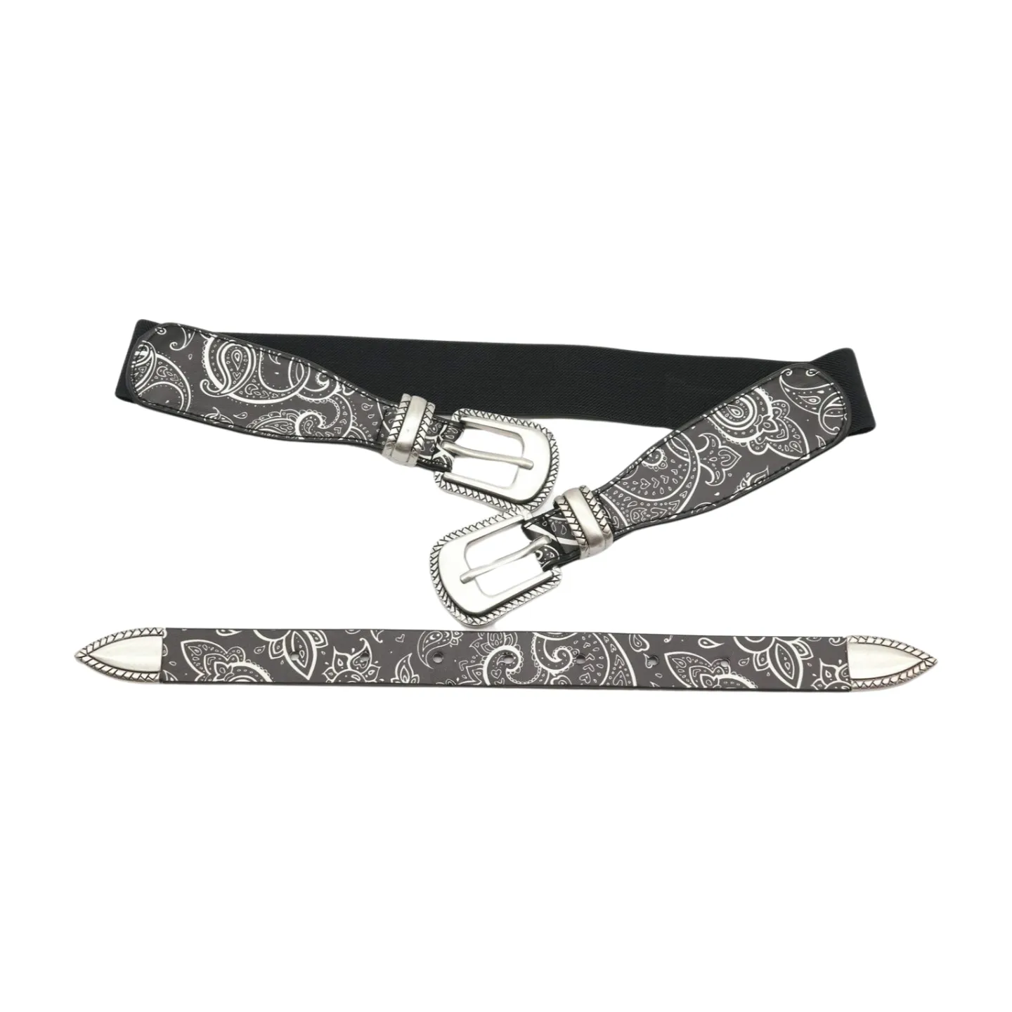 Women Black Elastic Paisley Print Belt Double Western Buckle S M