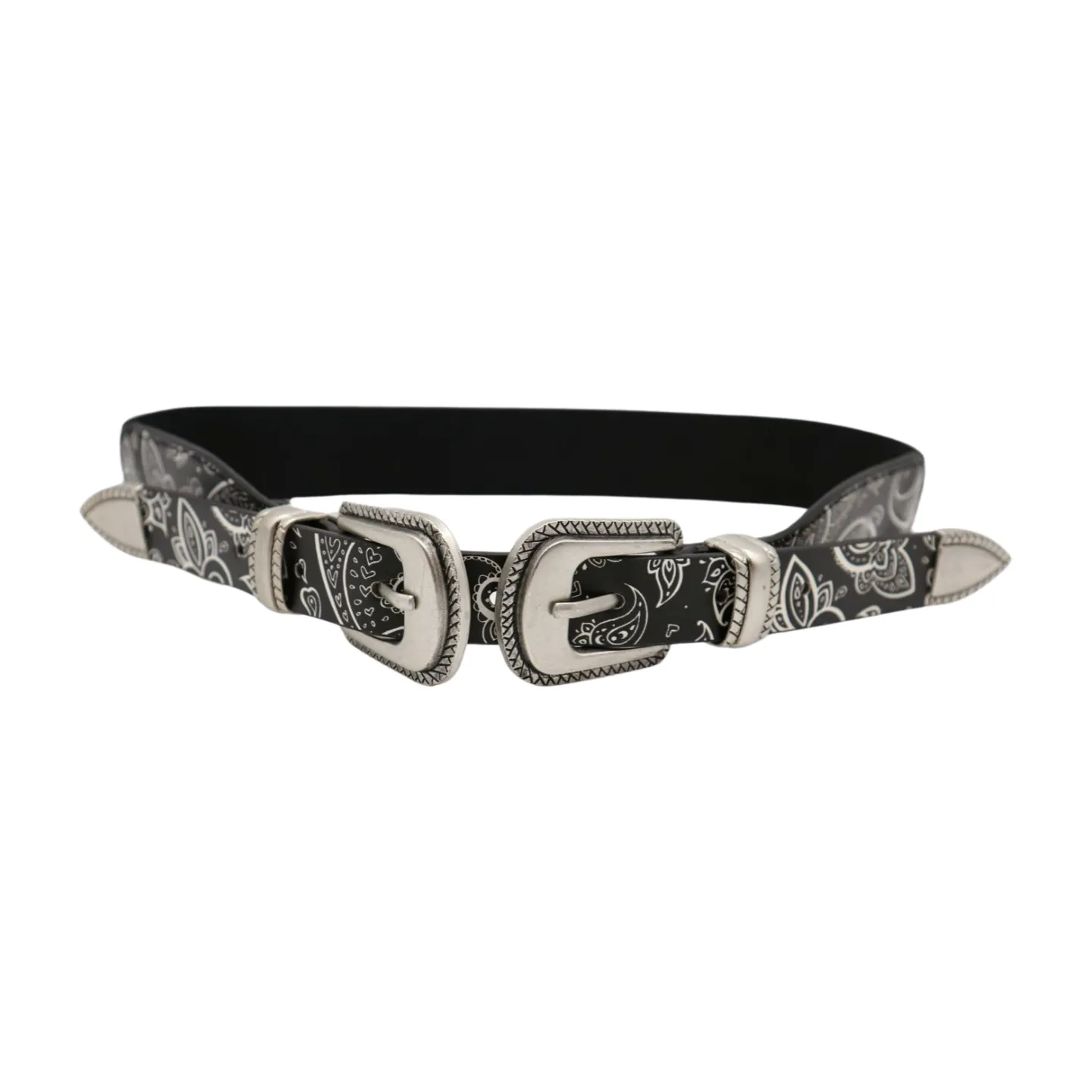 Women Black Elastic Paisley Print Belt Double Western Buckle S M