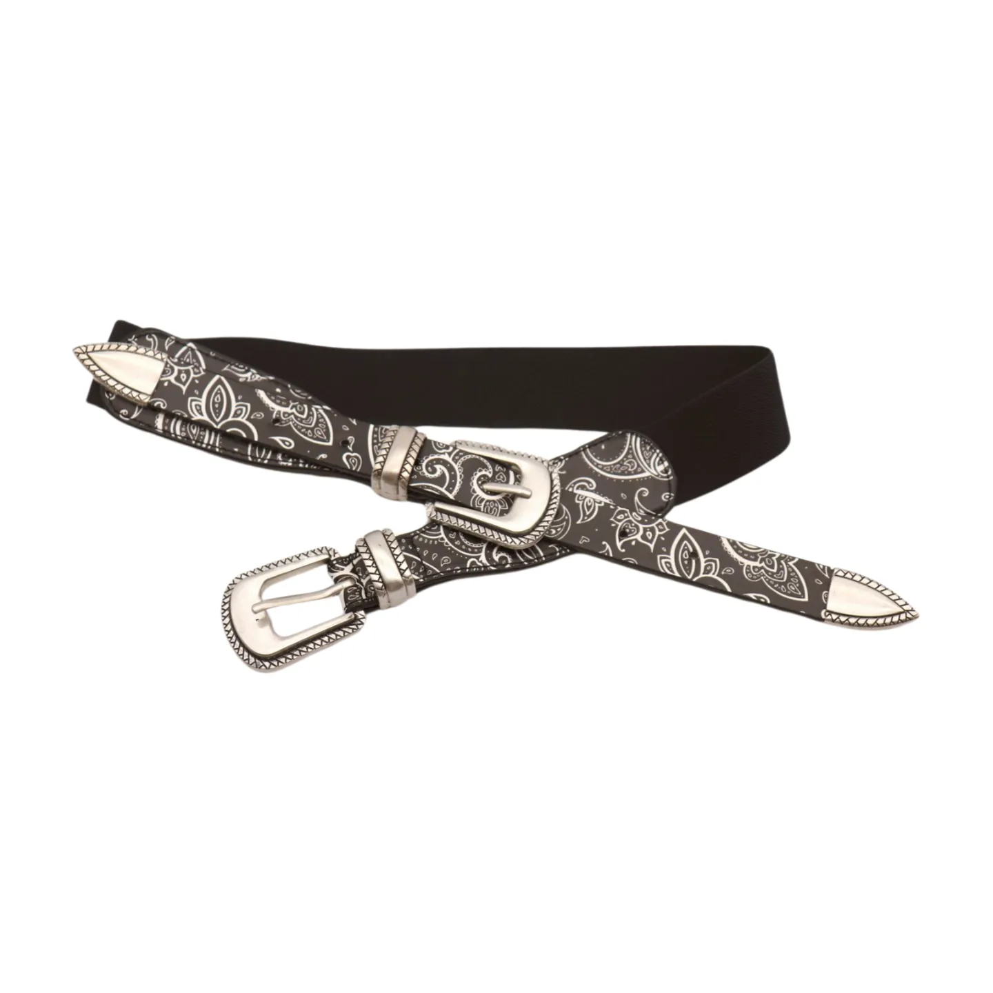Women Black Elastic Paisley Print Belt Double Western Buckle S M