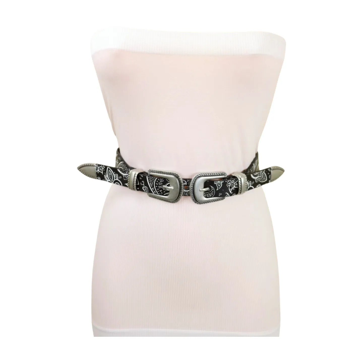 Women Black Elastic Paisley Print Belt Double Western Buckle S M