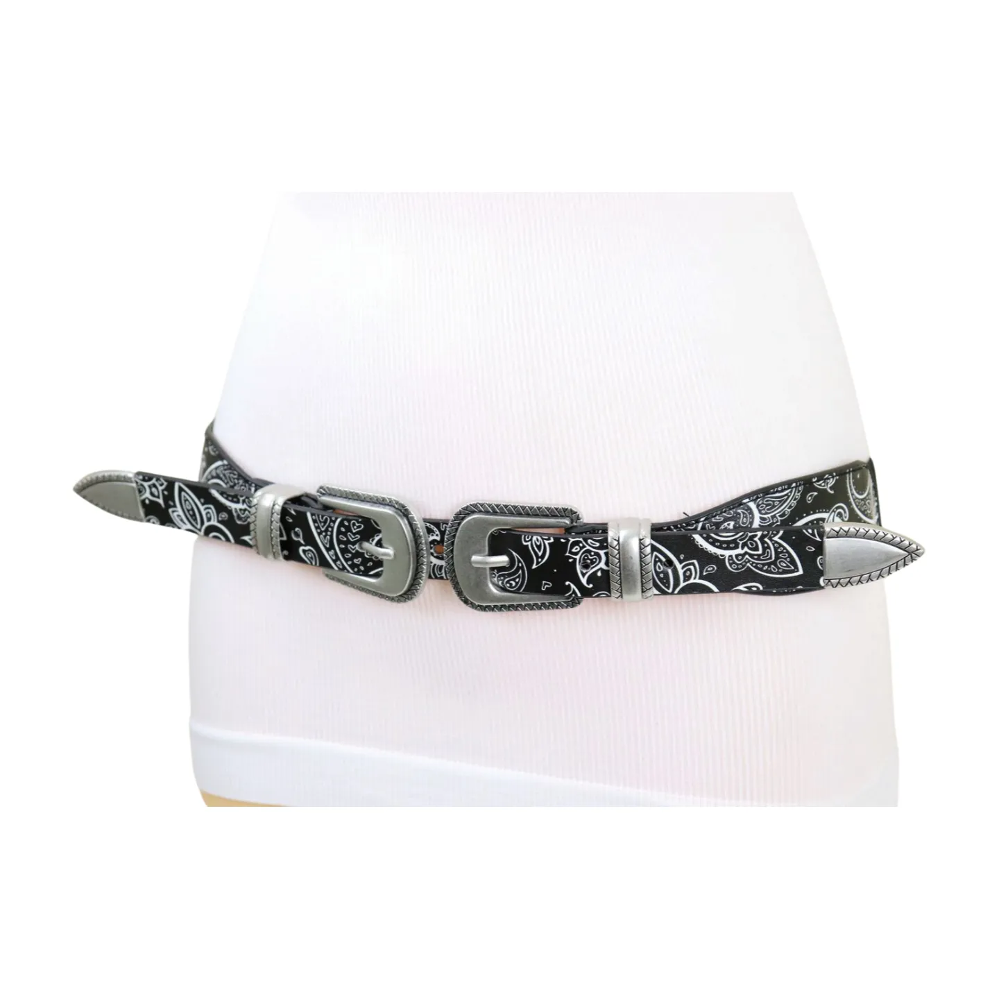Women Black Elastic Paisley Print Belt Double Western Buckle S M