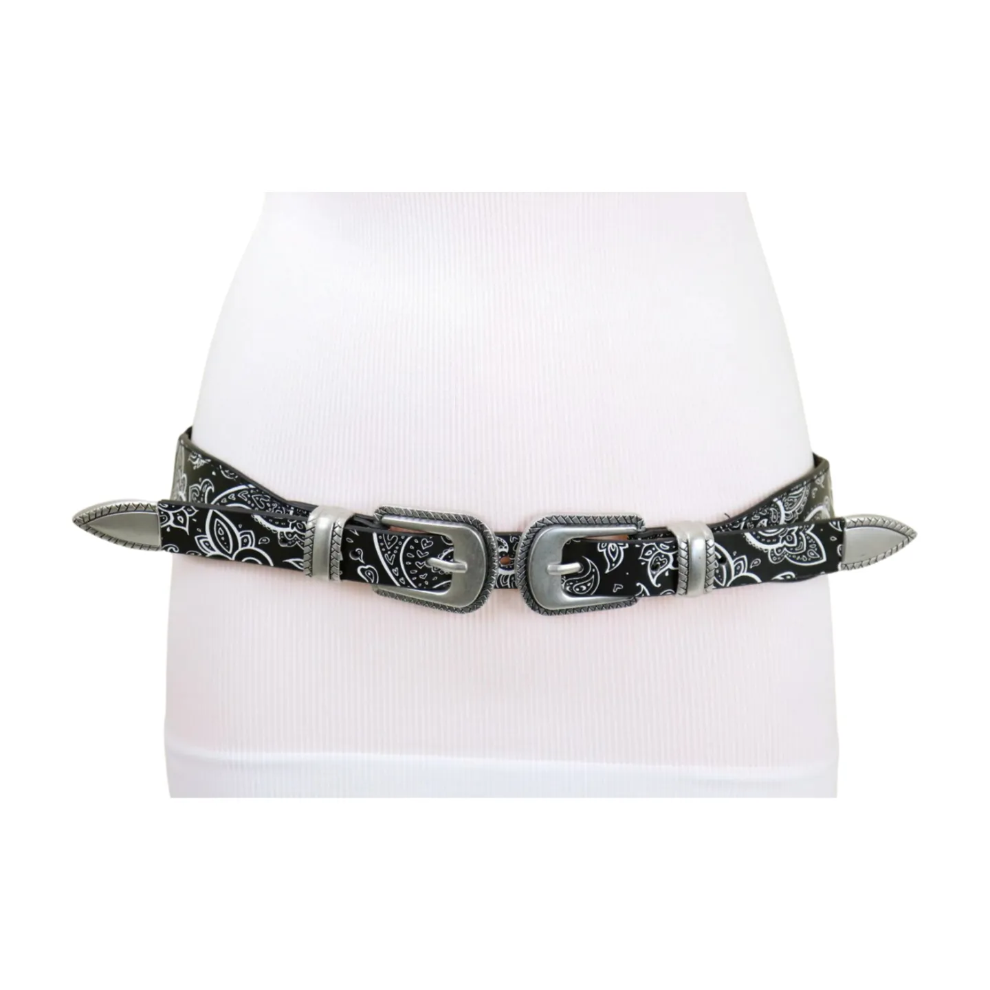 Women Black Elastic Paisley Print Belt Double Western Buckle S M