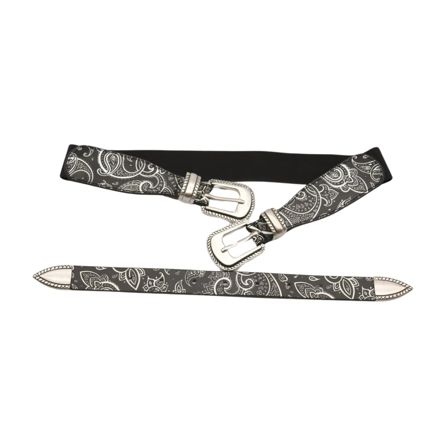 Women Black Elastic Paisley Print Belt Double Western Buckle S M