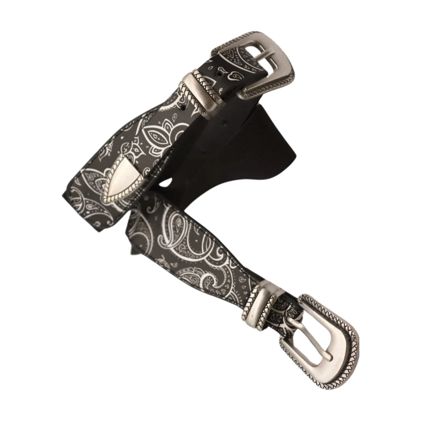 Women Black Elastic Paisley Print Belt Double Western Buckle S M