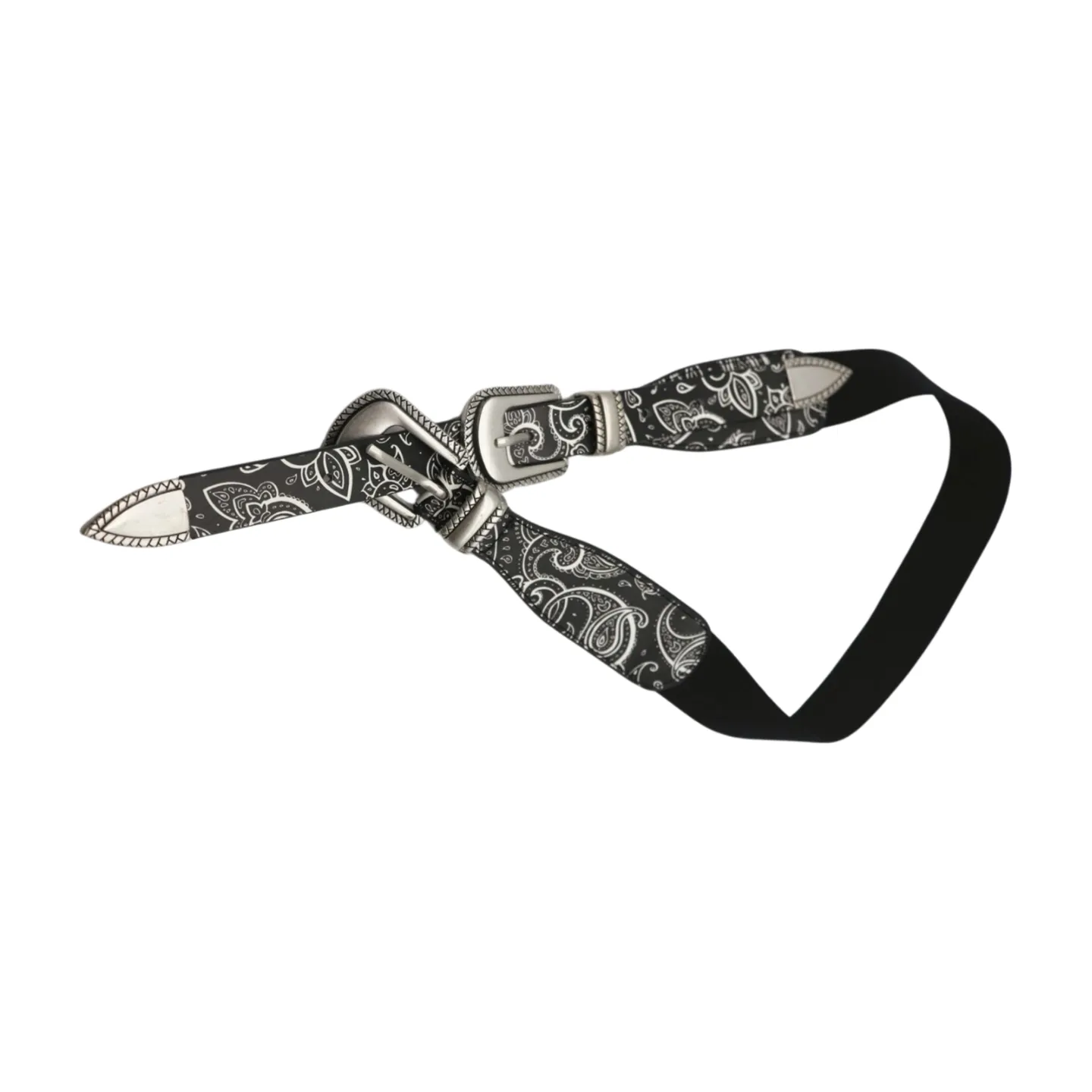 Women Black Elastic Paisley Print Belt Double Western Buckle S M