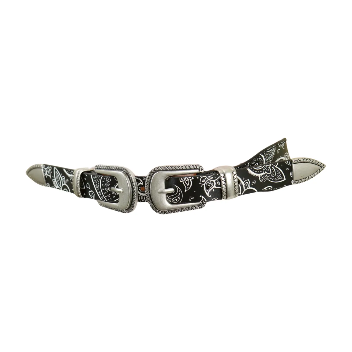 Women Black Elastic Paisley Print Belt Double Western Buckle S M